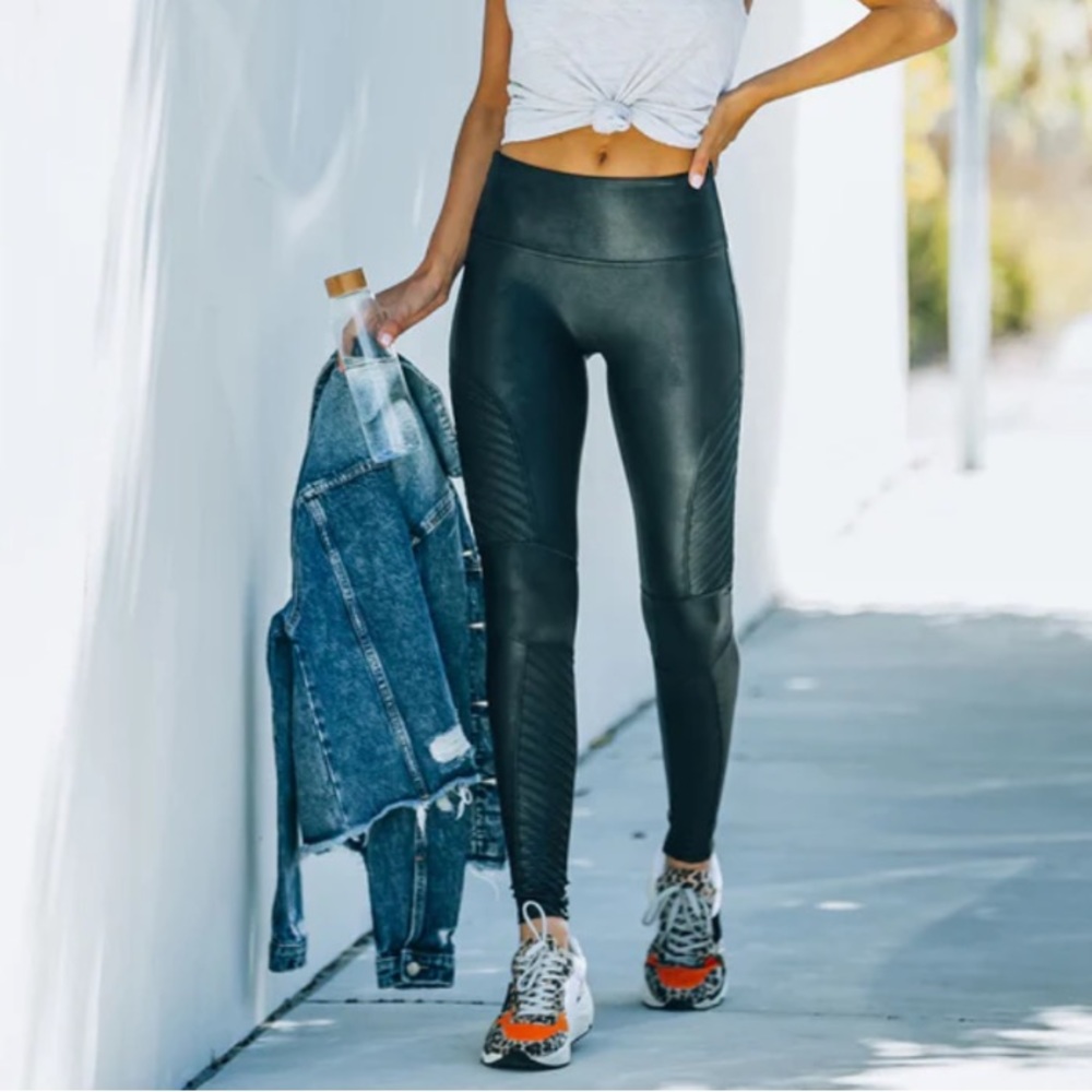 SPANX Black Faux Leather Moto Leggings S